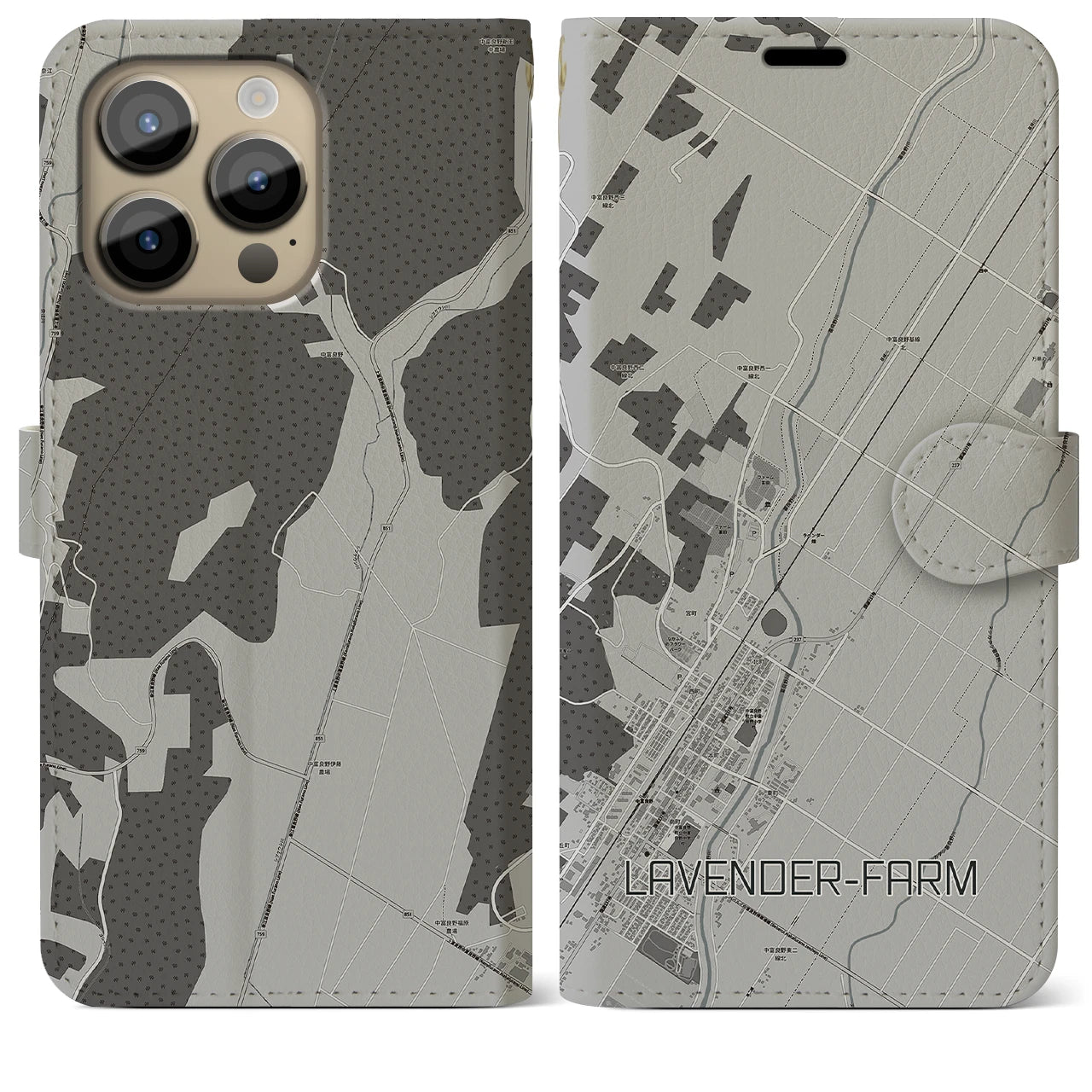 【ラベンダー畑(北海道)】地図柄iPhoneケース(手帳タイプ)モノトーン・iPhone 14 Pro Max 用