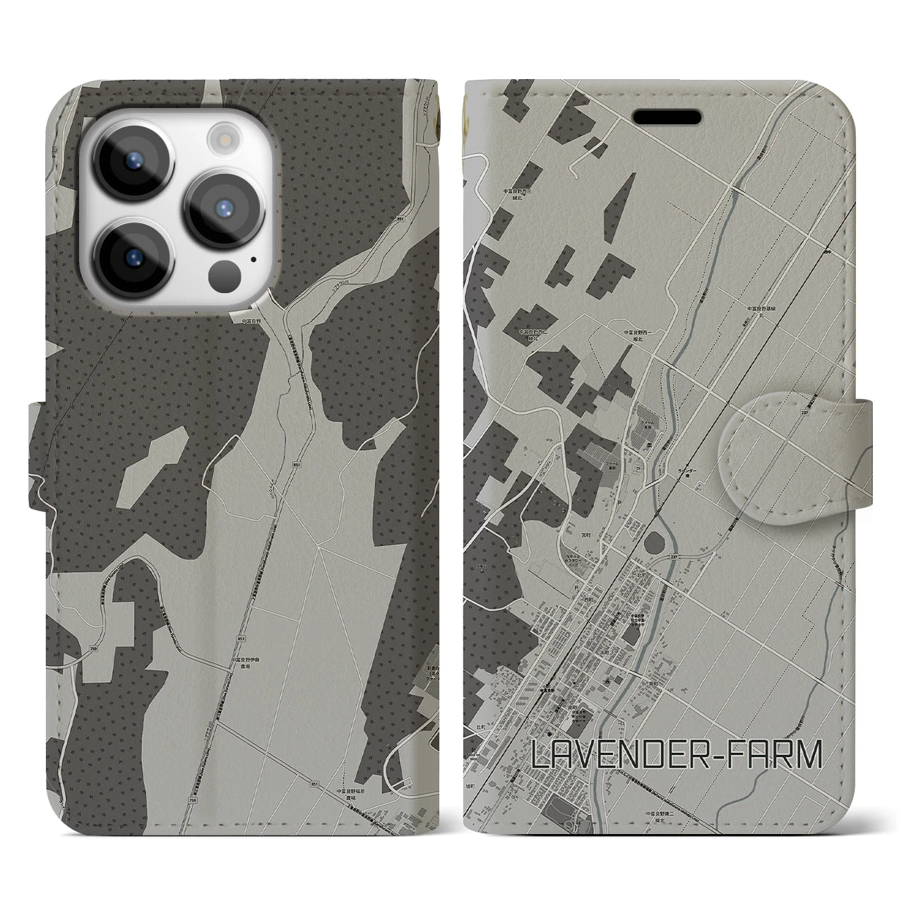 【ラベンダー畑(北海道)】地図柄iPhoneケース(手帳タイプ)モノトーン・iPhone 14 Pro 用