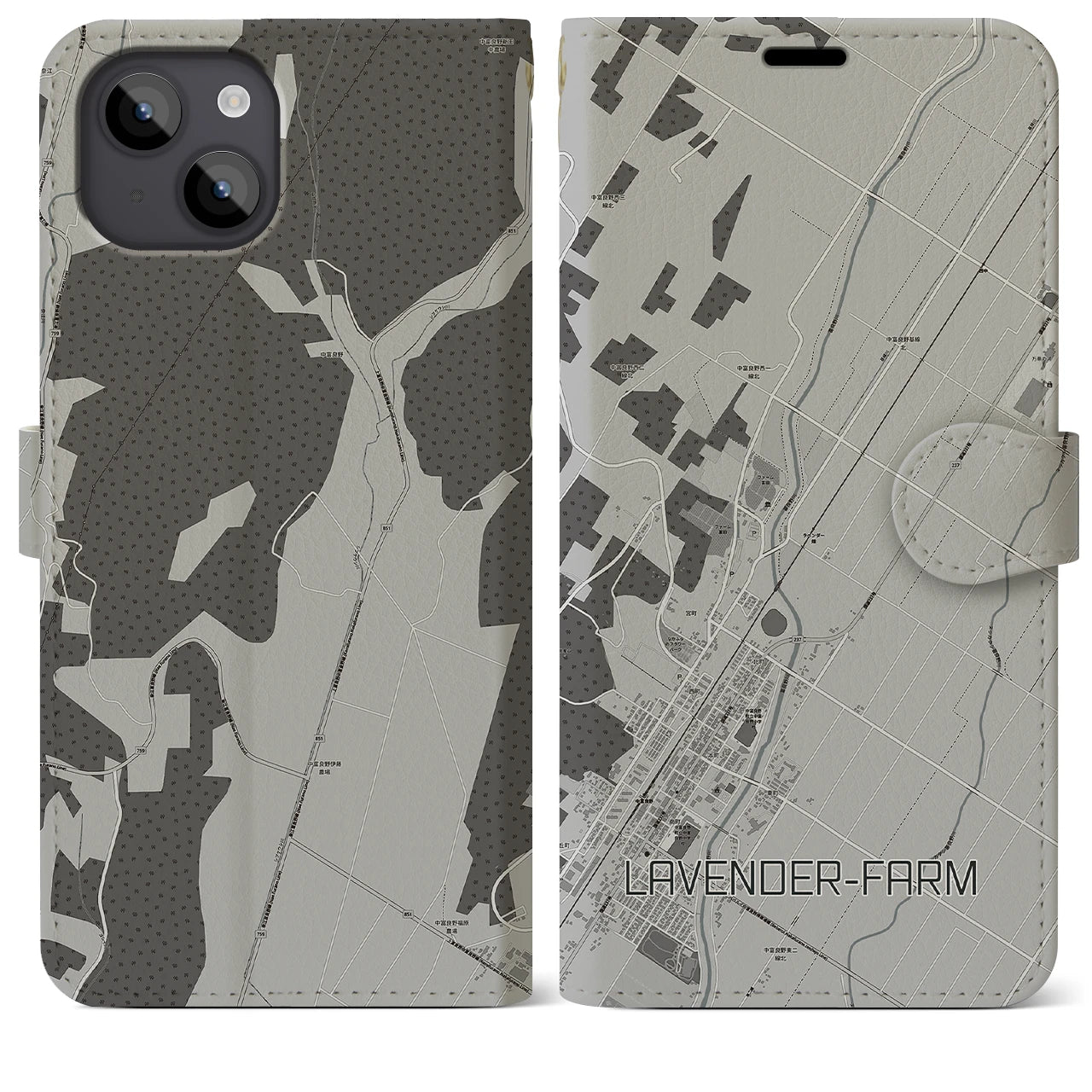 【ラベンダー畑(北海道)】地図柄iPhoneケース(手帳タイプ)モノトーン・iPhone 14 Plus 用