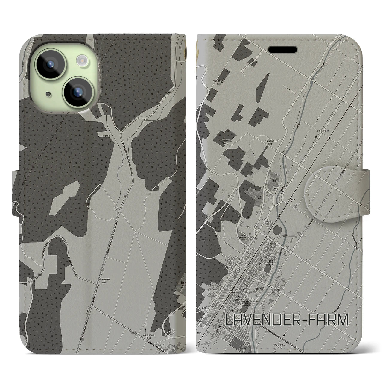 【ラベンダー畑(北海道)】地図柄iPhoneケース(手帳タイプ)モノトーン・iPhone 15 用
