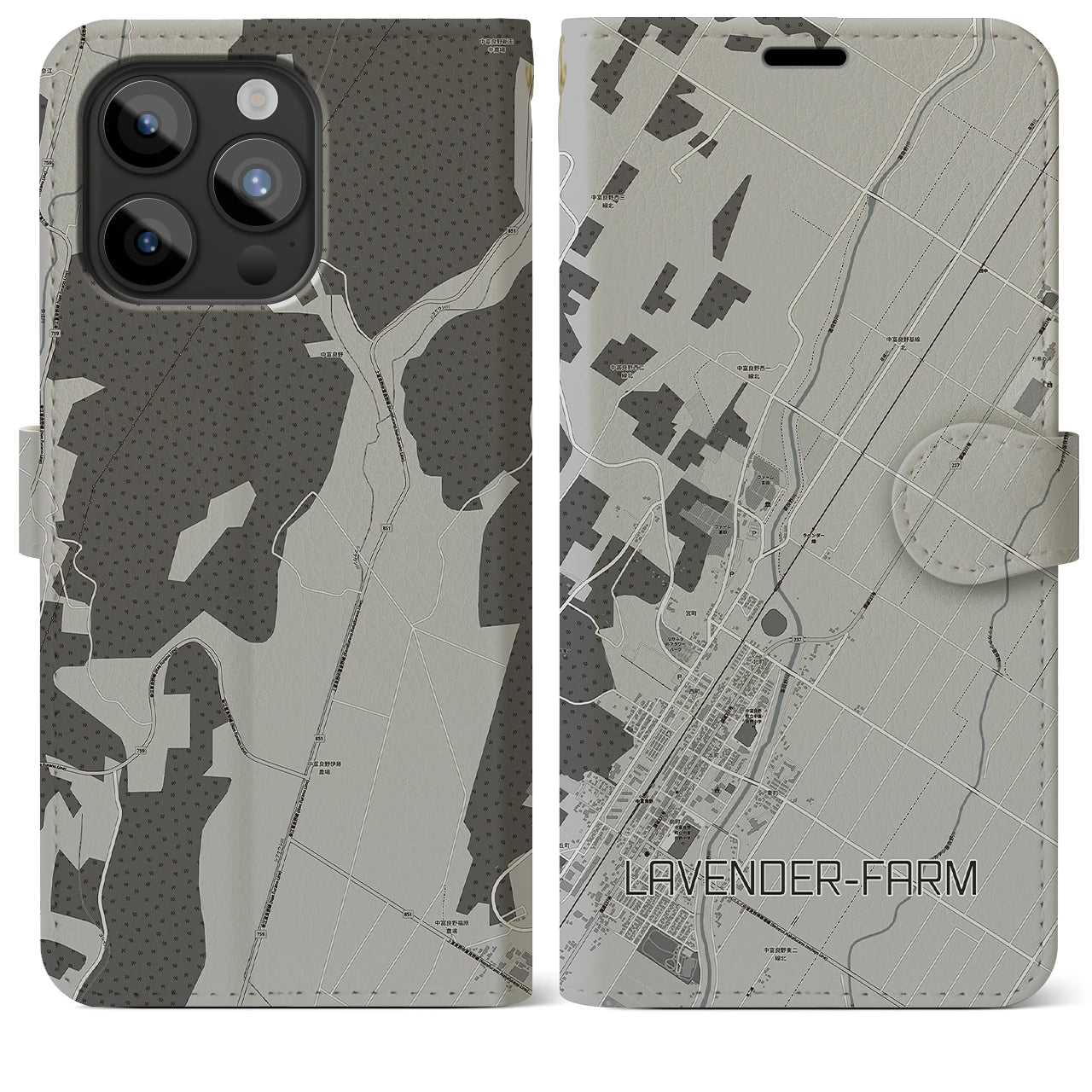 【ラベンダー畑(北海道)】地図柄iPhoneケース(手帳タイプ)モノトーン・iPhone 15 Pro Max 用