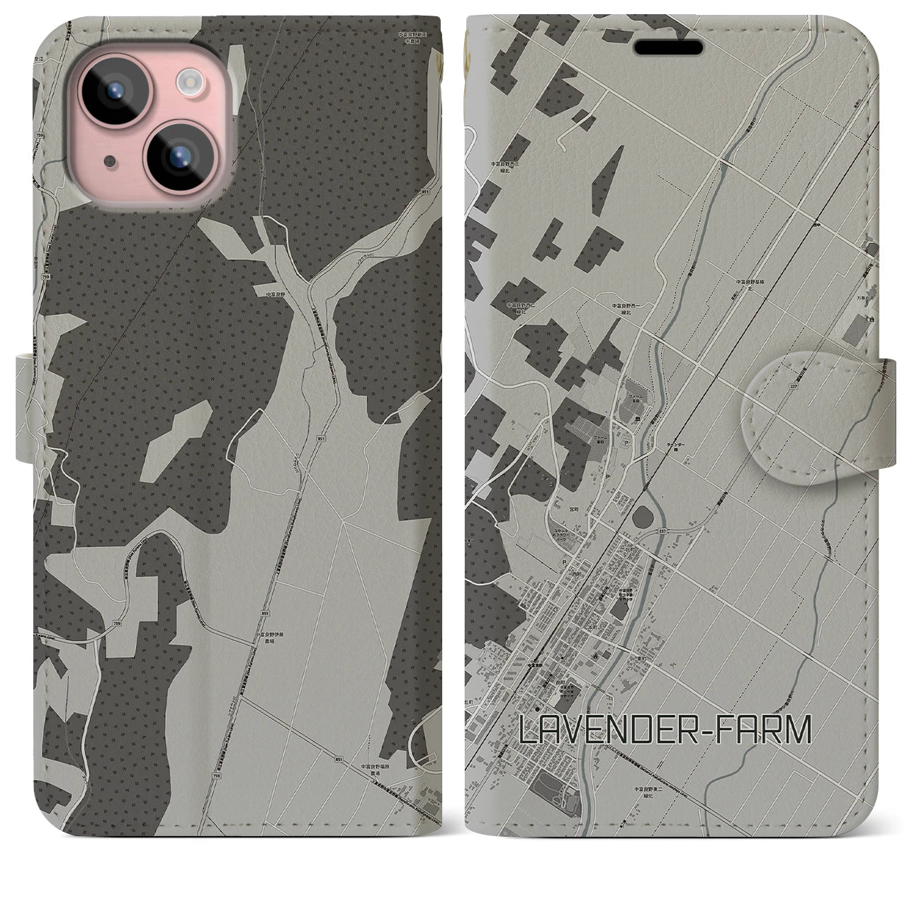 【ラベンダー畑(北海道)】地図柄iPhoneケース(手帳タイプ)モノトーン・iPhone 15 Plus 用