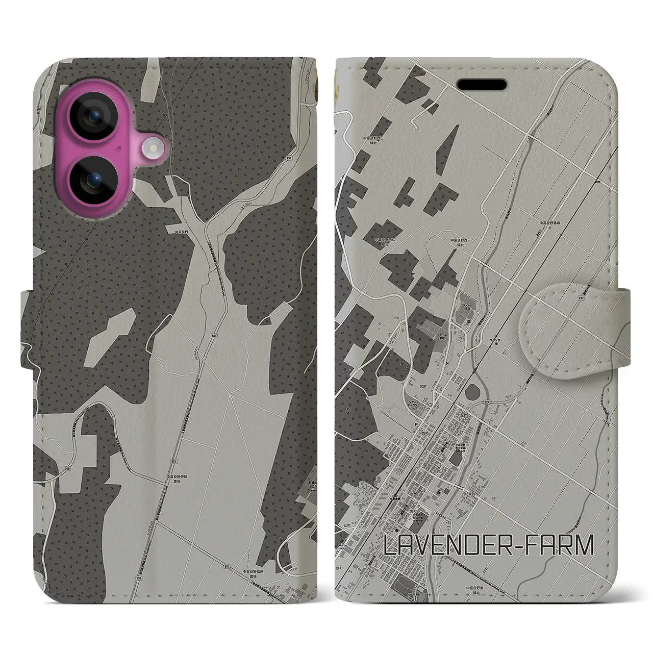 【ラベンダー畑(北海道)】地図柄iPhoneケース(手帳タイプ)モノトーン・iPhone 16 Pro 用