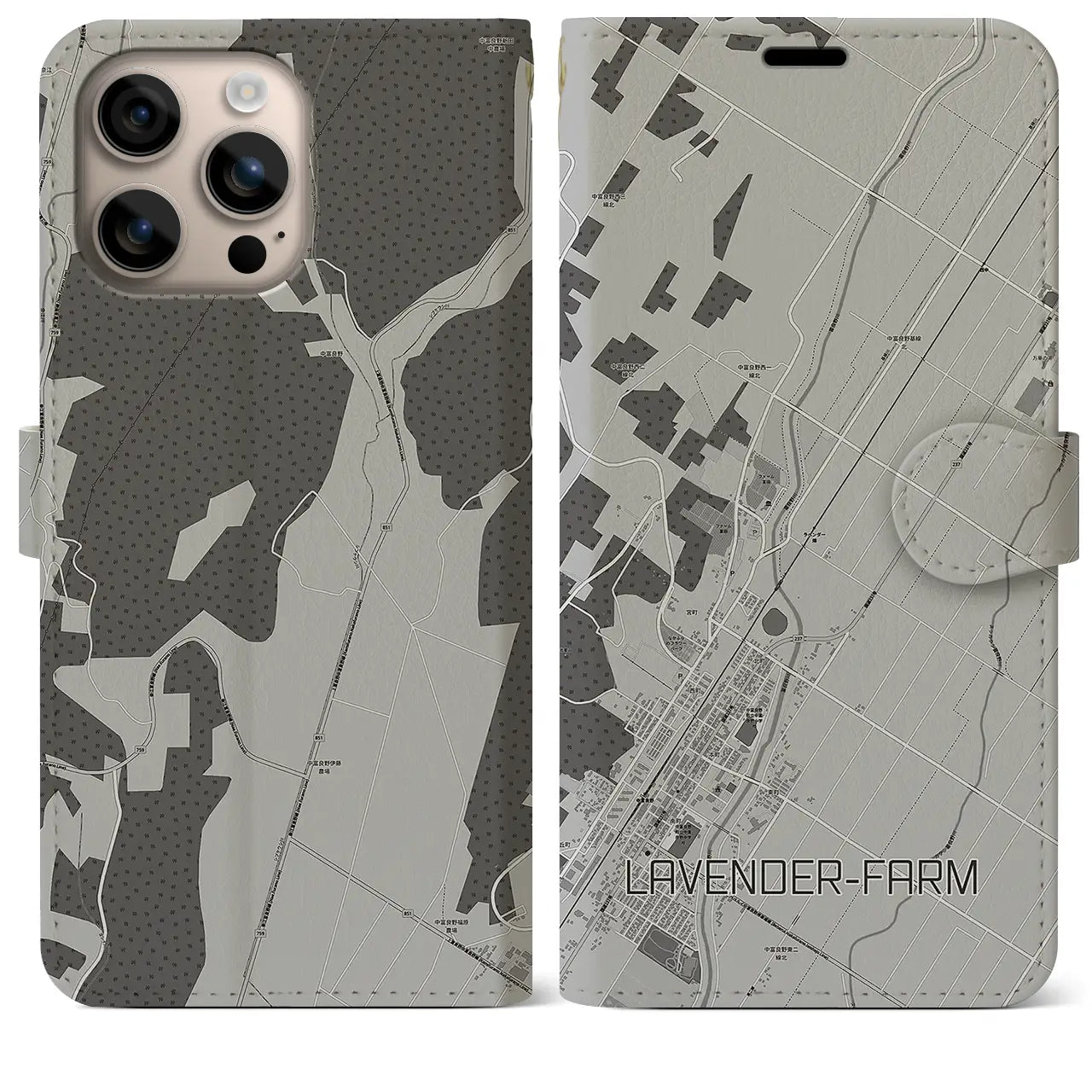 【ラベンダー畑(北海道)】地図柄iPhoneケース(手帳タイプ)モノトーン・iPhone 16 Plus 用