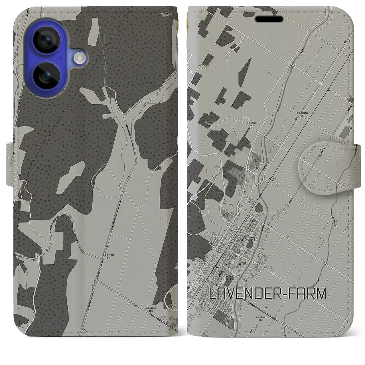 【ラベンダー畑(北海道)】地図柄iPhoneケース(手帳タイプ)モノトーン・iPhone 16 Pro Max 用