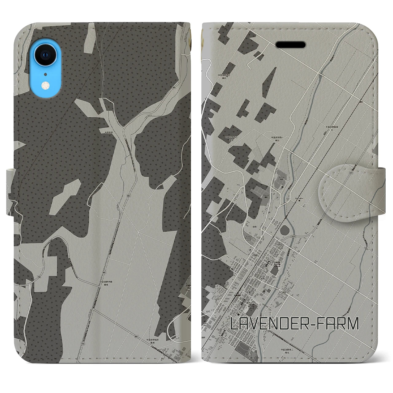 【ラベンダー畑(北海道)】地図柄iPhoneケース(手帳タイプ)モノトーン・iPhone XR 用