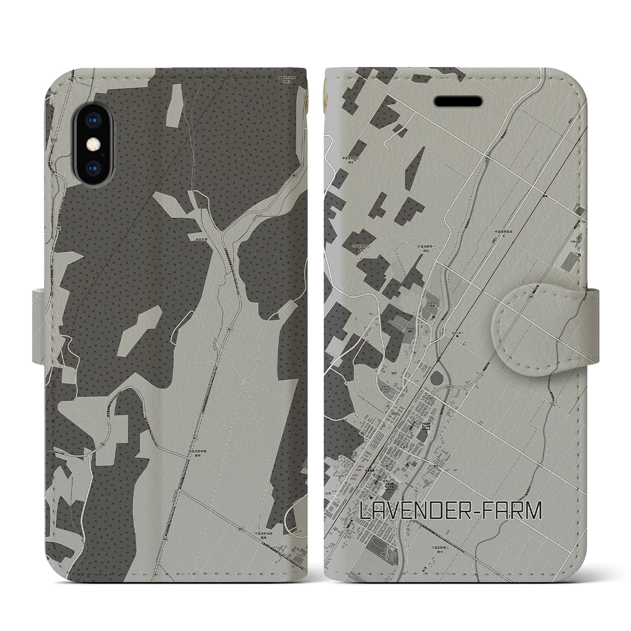 【ラベンダー畑(北海道)】地図柄iPhoneケース(手帳タイプ)モノトーン・iPhone XS / X 用