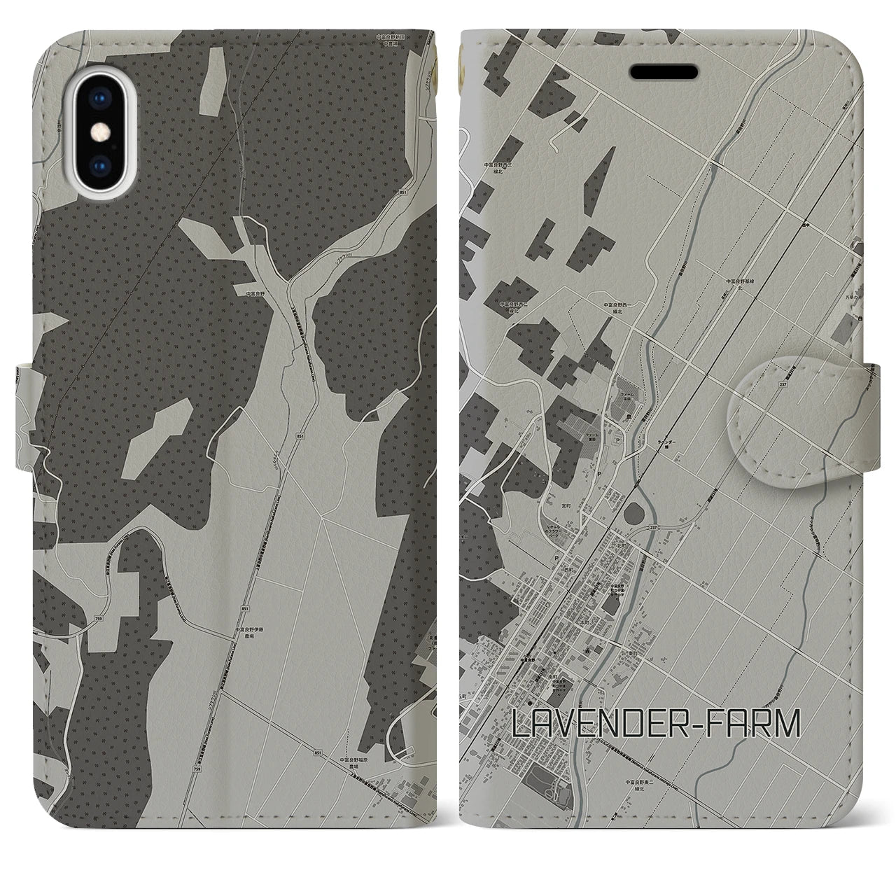 【ラベンダー畑(北海道)】地図柄iPhoneケース(手帳タイプ)モノトーン・iPhone XS Max 用