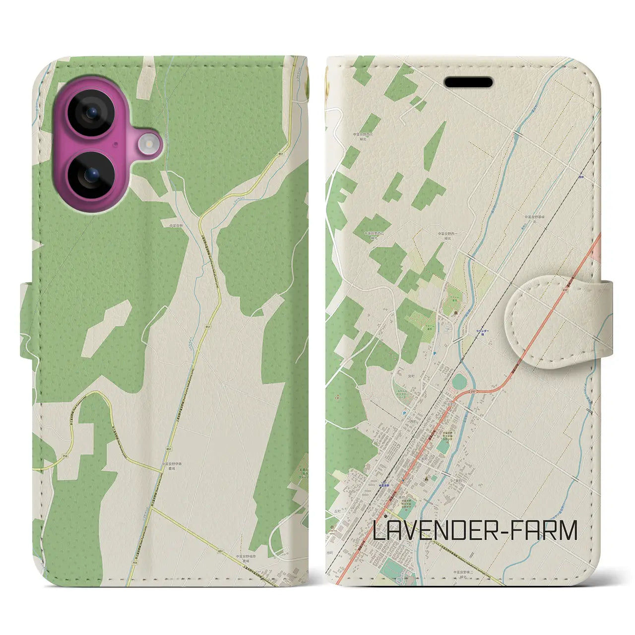 【ラベンダー畑(北海道)】地図柄iPhoneケース(手帳タイプ)ナチュラル・iPhone 16 Pro 用