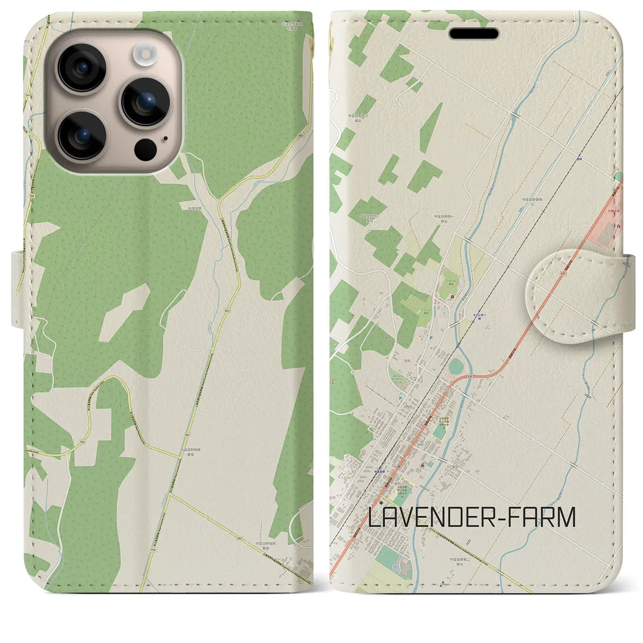 【ラベンダー畑(北海道)】地図柄iPhoneケース(手帳タイプ)ナチュラル・iPhone 16 Plus 用