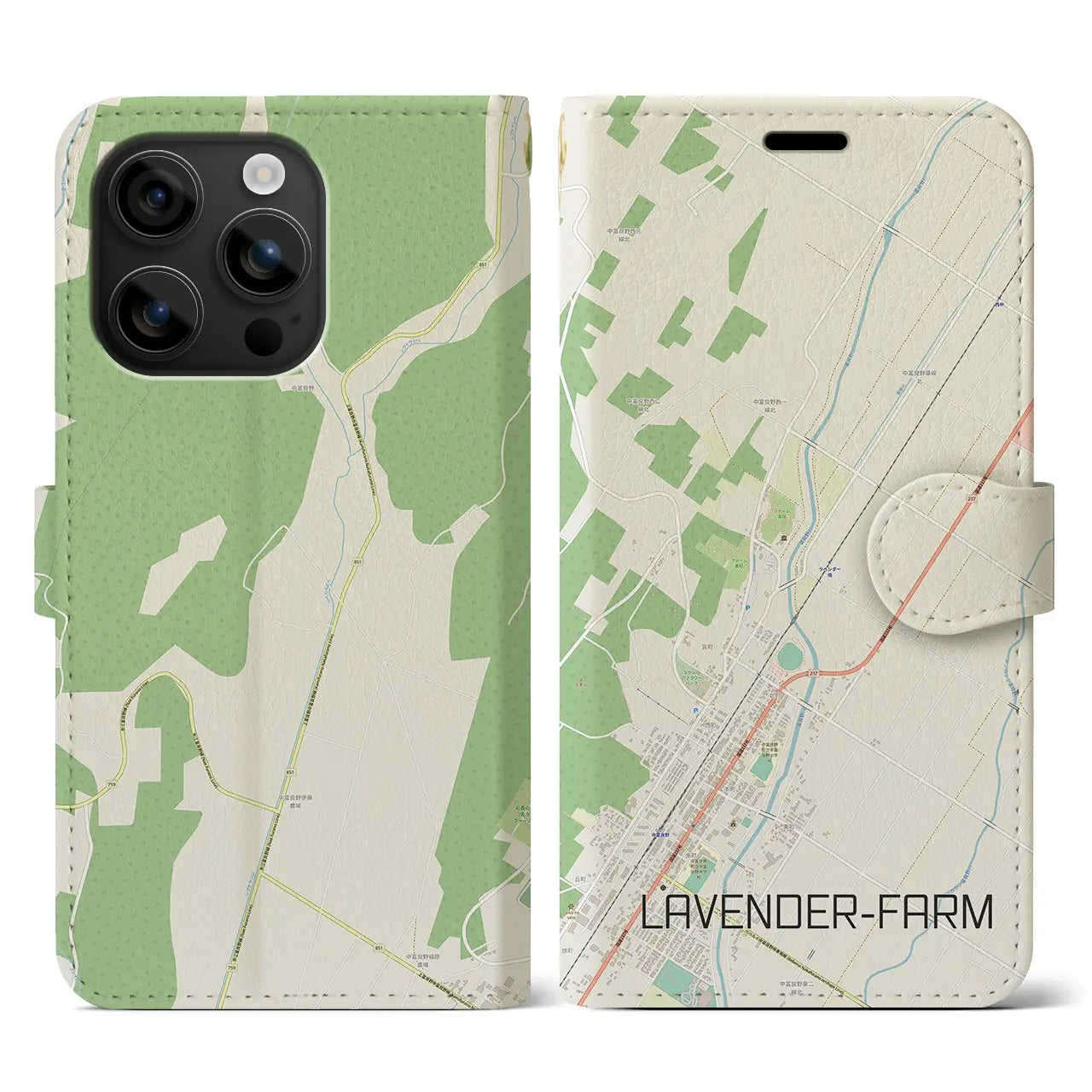 【ラベンダー畑(北海道)】地図柄iPhoneケース(手帳タイプ)ナチュラル・iPhone 16 用
