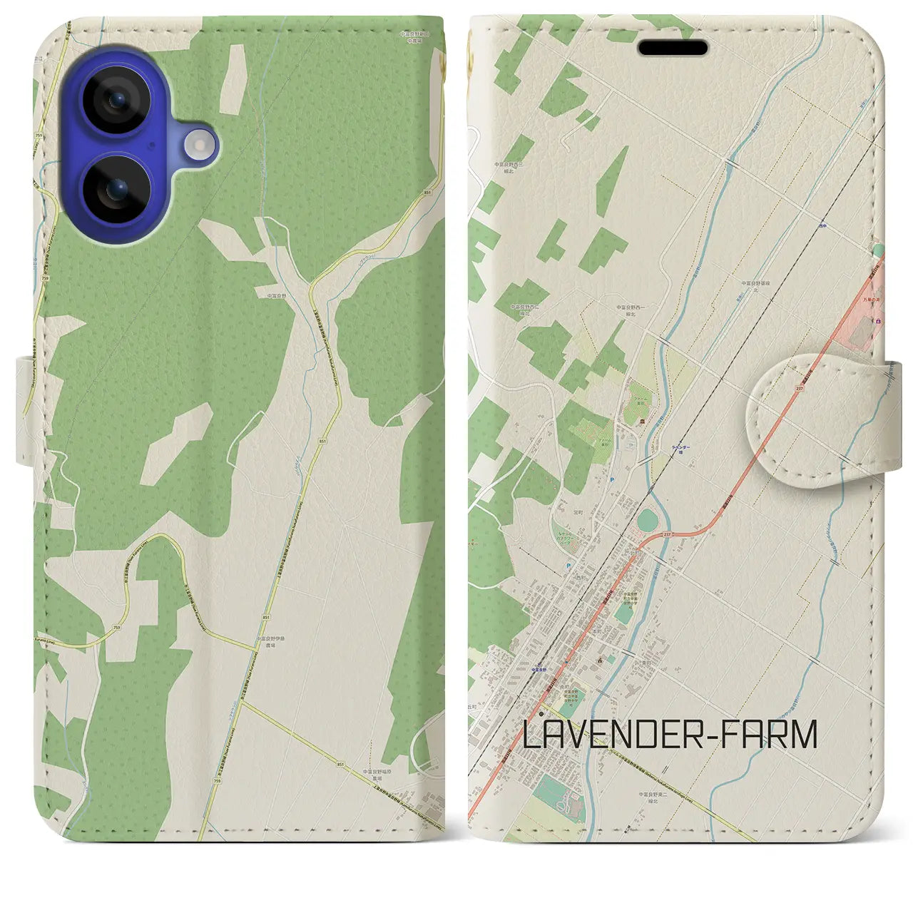 【ラベンダー畑(北海道)】地図柄iPhoneケース(手帳タイプ)ナチュラル・iPhone 16 Pro Max 用