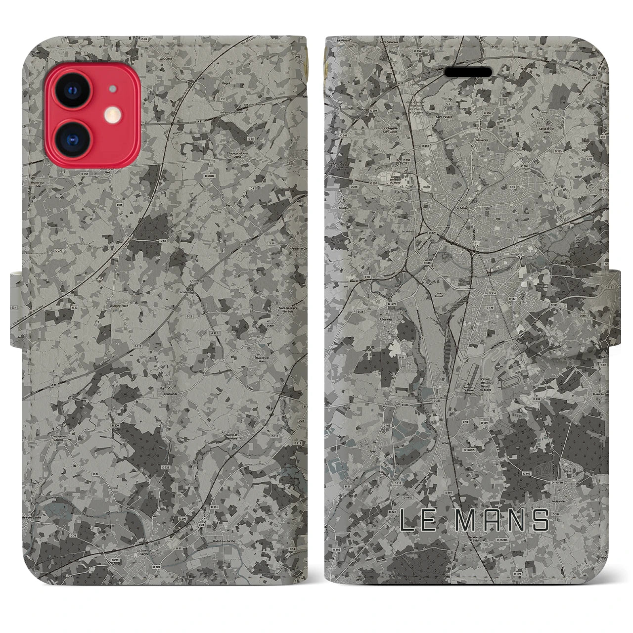 【ル・マン(フランス)】地図柄iPhoneケース(手帳タイプ)モノトーン・iPhone 11 用