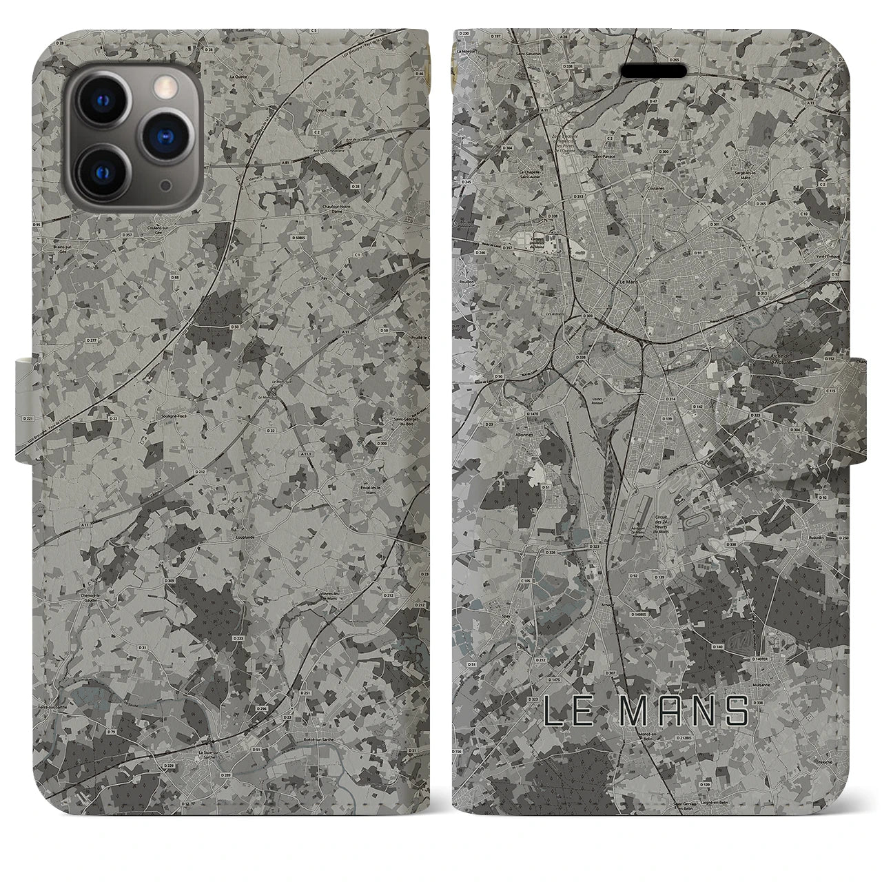 【ル・マン(フランス)】地図柄iPhoneケース(手帳タイプ)モノトーン・iPhone 11 Pro Max 用