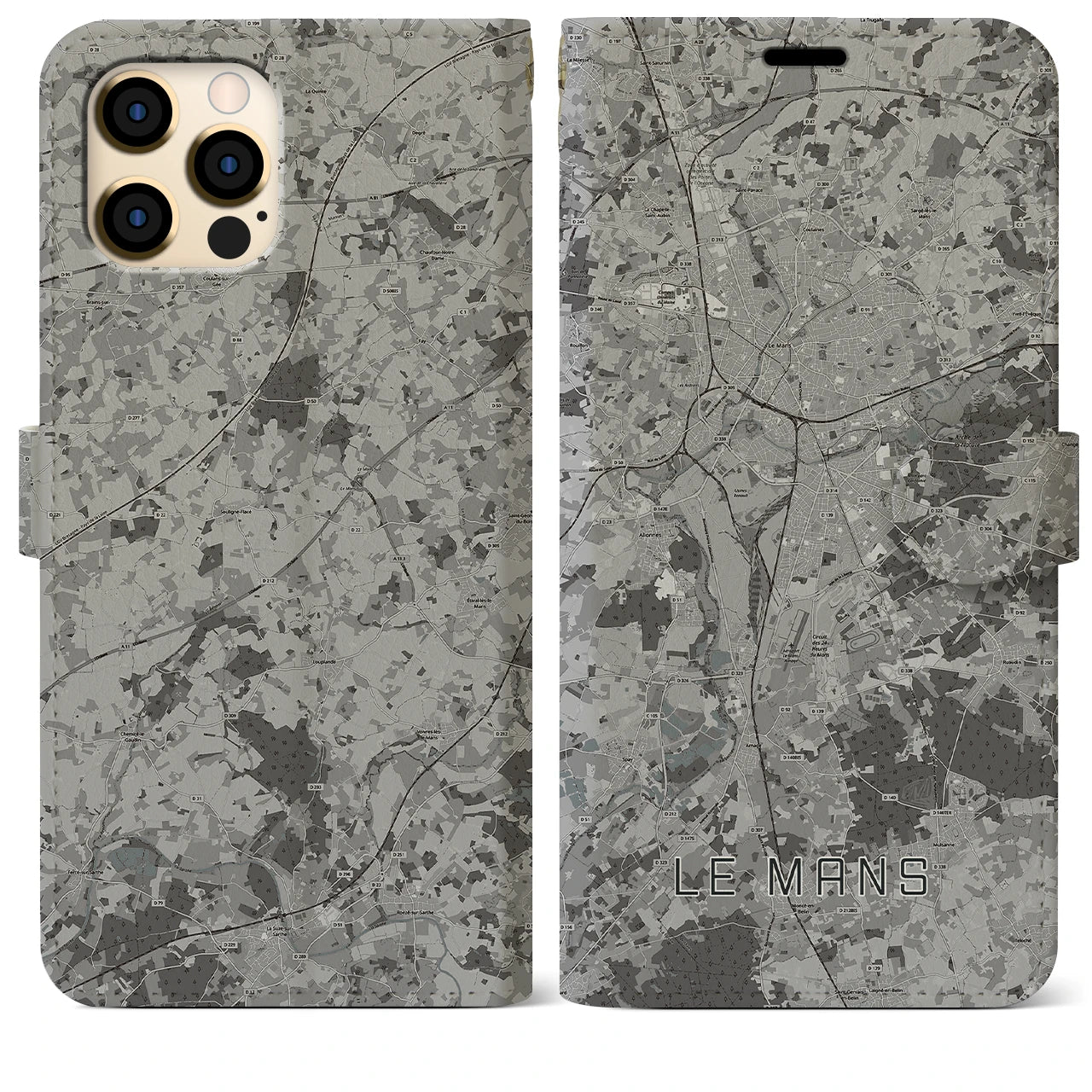 【ル・マン(フランス)】地図柄iPhoneケース(手帳タイプ)モノトーン・iPhone 12 Pro Max 用
