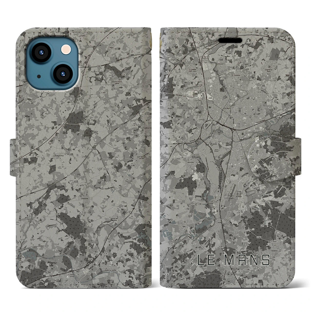 【ル・マン(フランス)】地図柄iPhoneケース(手帳タイプ)モノトーン・iPhone 13 用