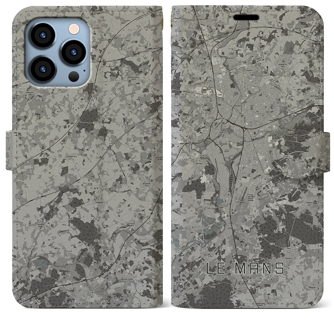 【ル・マン(フランス)】地図柄iPhoneケース(手帳タイプ)モノトーン・iPhone 13 Pro Max 用