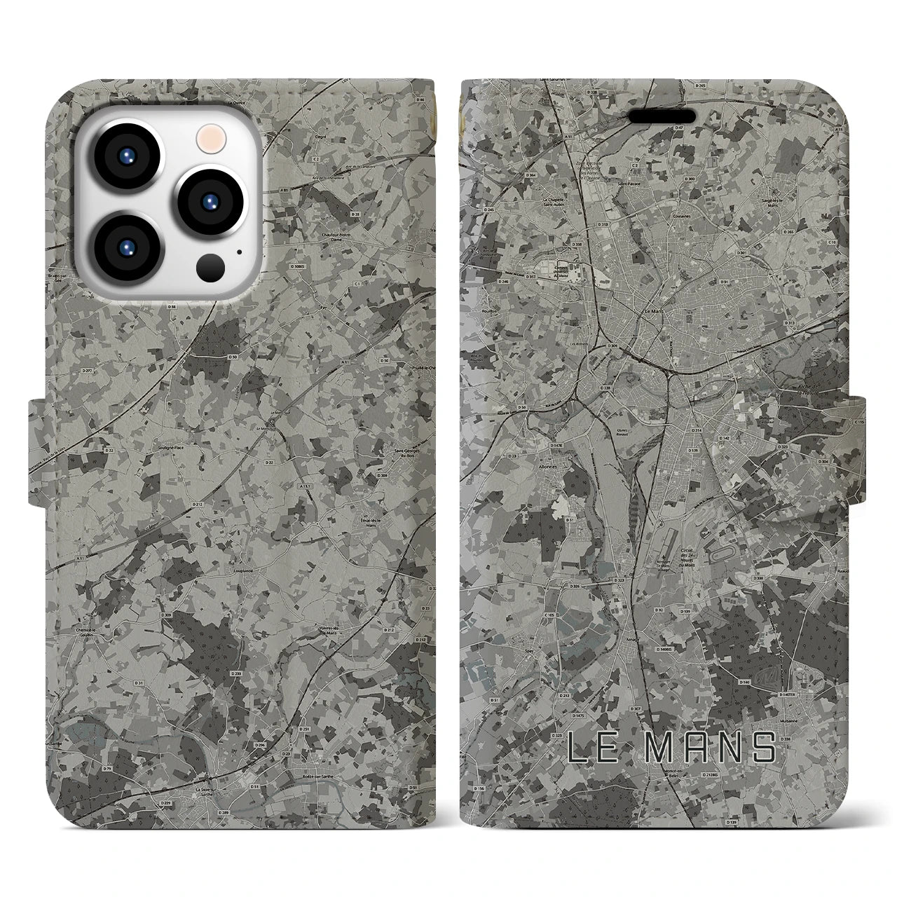 【ル・マン(フランス)】地図柄iPhoneケース(手帳タイプ)モノトーン・iPhone 13 Pro 用