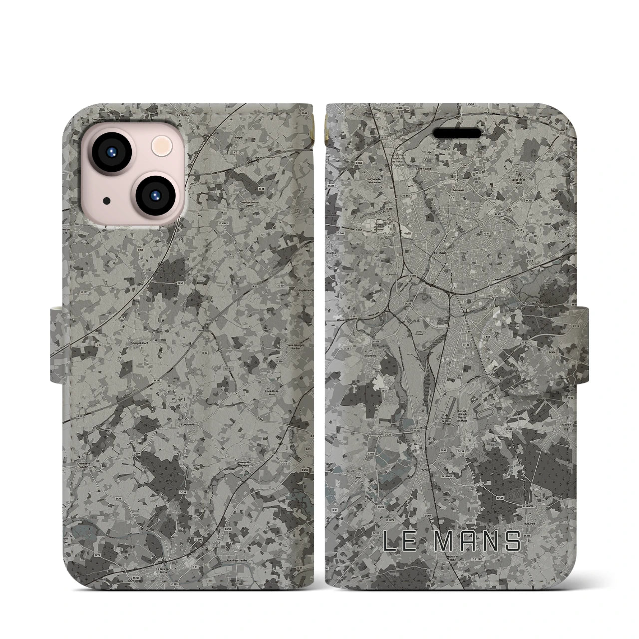 【ル・マン(フランス)】地図柄iPhoneケース(手帳タイプ)モノトーン・iPhone 13 mini 用