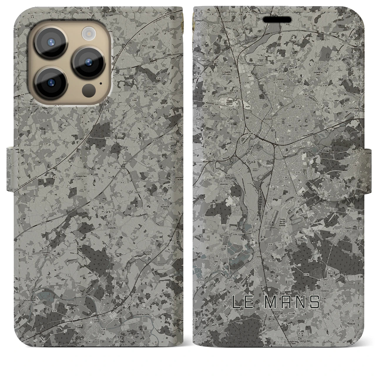 【ル・マン(フランス)】地図柄iPhoneケース(手帳タイプ)モノトーン・iPhone 14 Pro Max 用
