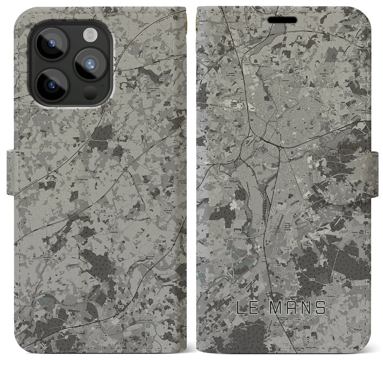 【ル・マン(フランス)】地図柄iPhoneケース(手帳タイプ)モノトーン・iPhone 15 Pro Max 用