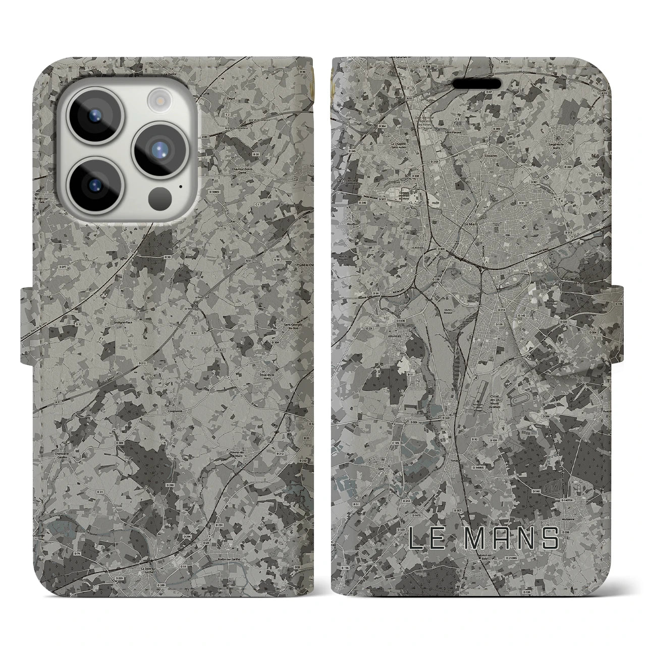 【ル・マン(フランス)】地図柄iPhoneケース(手帳タイプ)モノトーン・iPhone 15 Pro 用