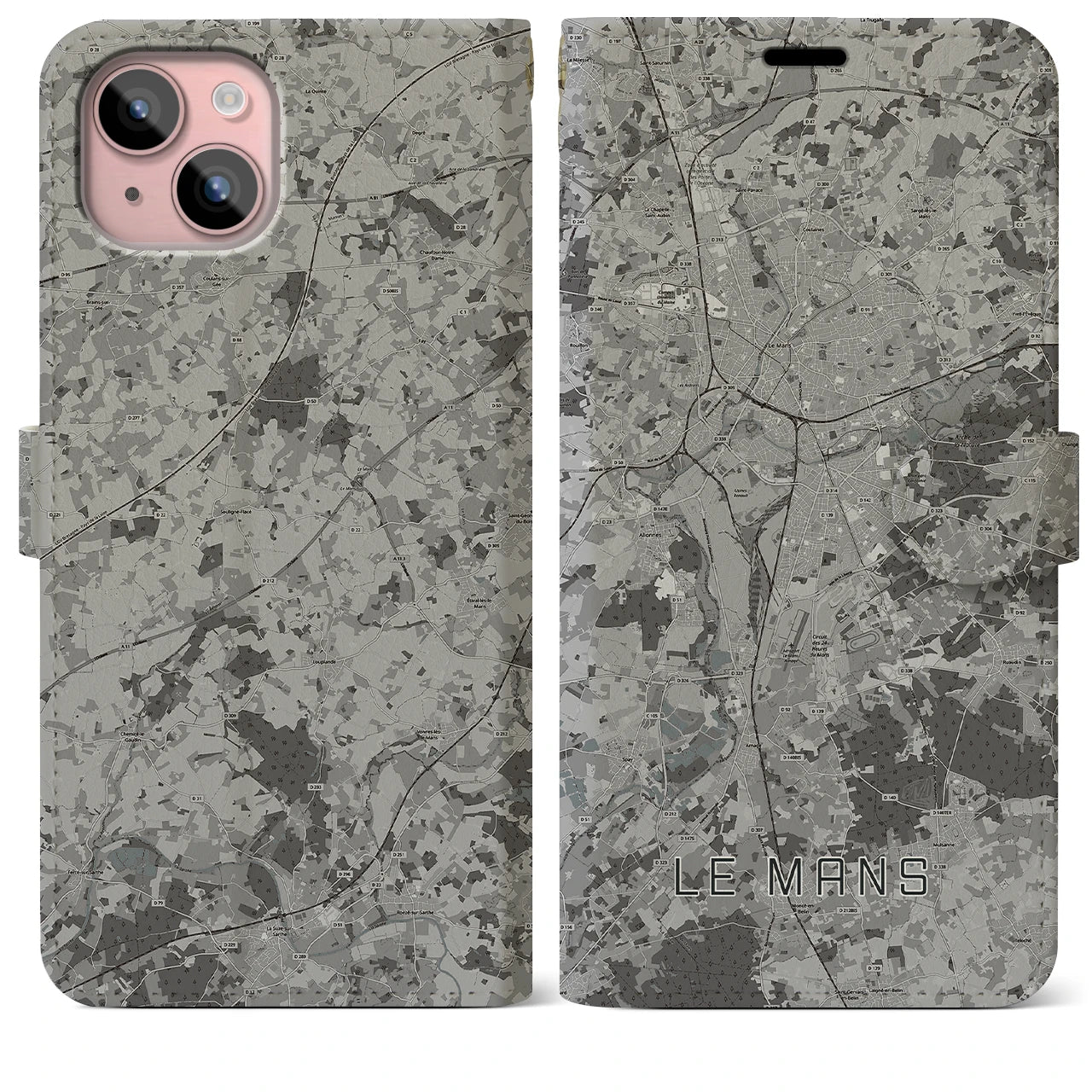 【ル・マン(フランス)】地図柄iPhoneケース(手帳タイプ)モノトーン・iPhone 15 Plus 用
