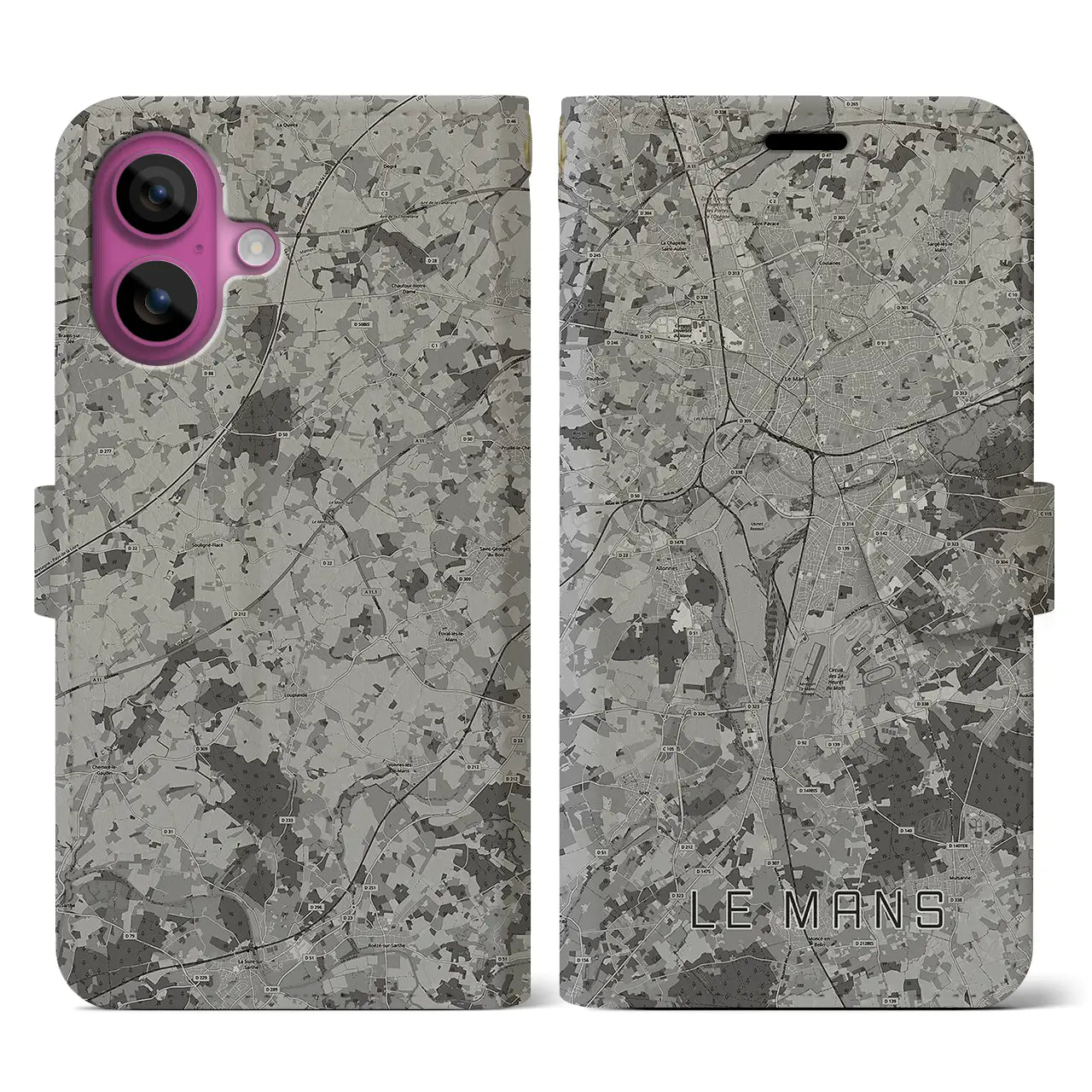 【ル・マン(フランス)】地図柄iPhoneケース(手帳タイプ)モノトーン・iPhone 16 Pro 用