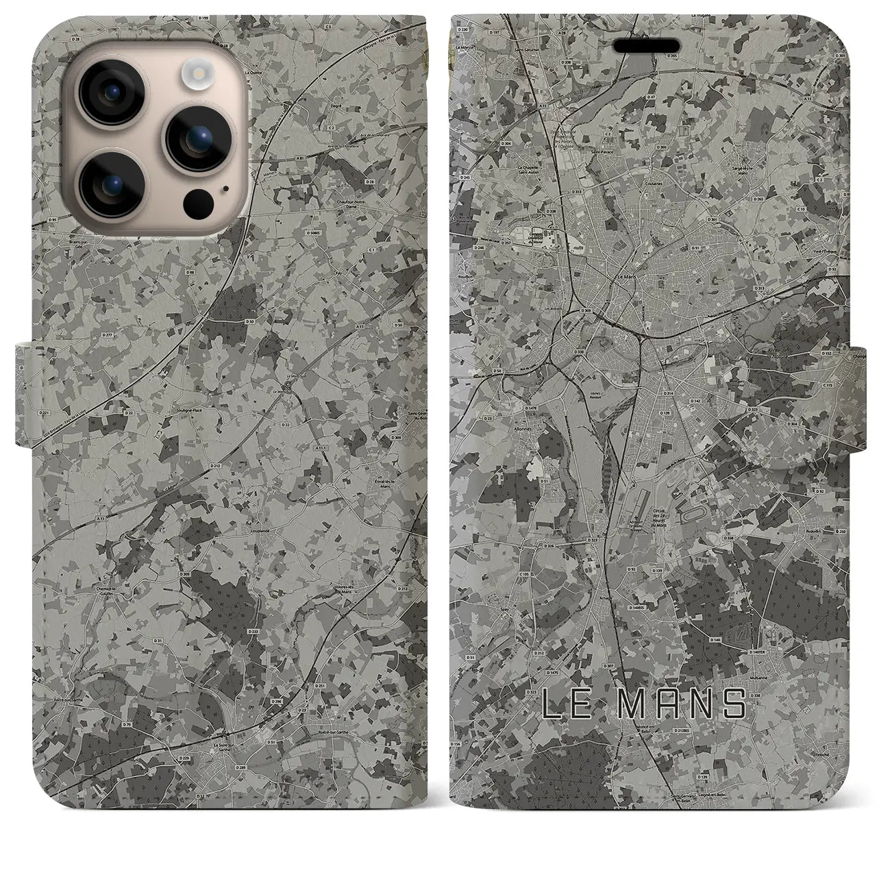 【ル・マン(フランス)】地図柄iPhoneケース(手帳タイプ)モノトーン・iPhone 16 Plus 用