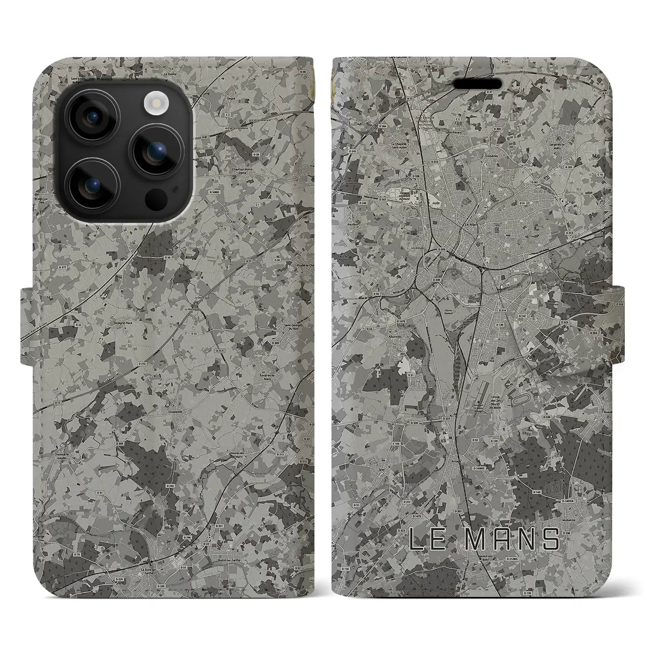 【ル・マン(フランス)】地図柄iPhoneケース(手帳タイプ)モノトーン・iPhone 16 用