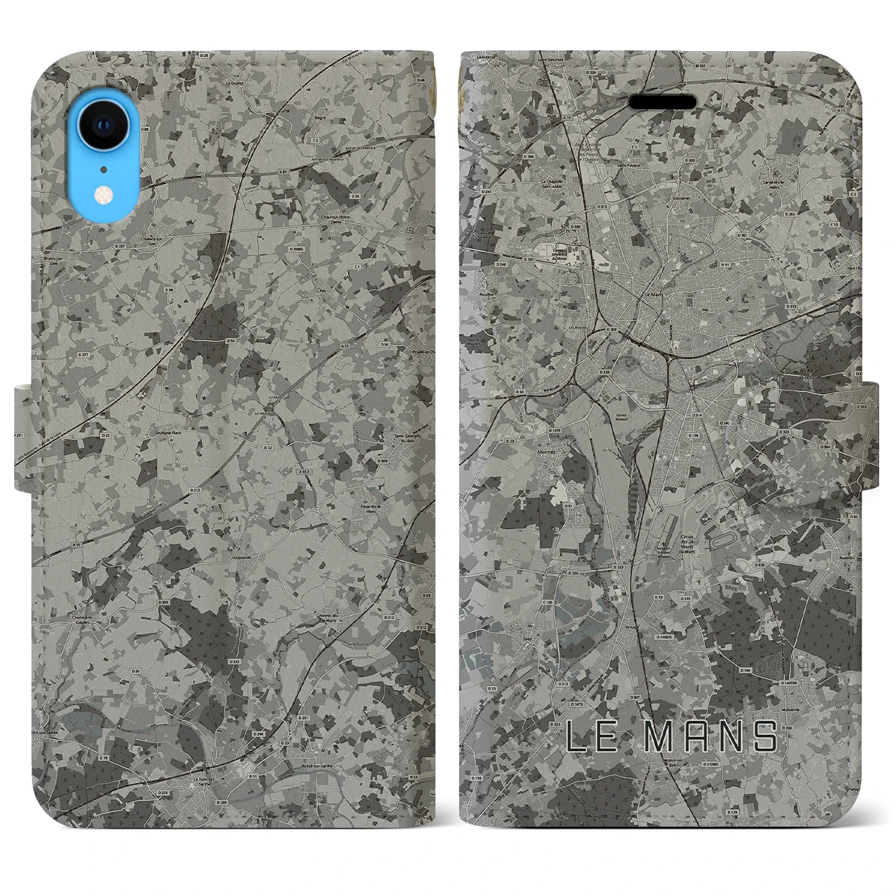 【ル・マン(フランス)】地図柄iPhoneケース(手帳タイプ)モノトーン・iPhone XR 用
