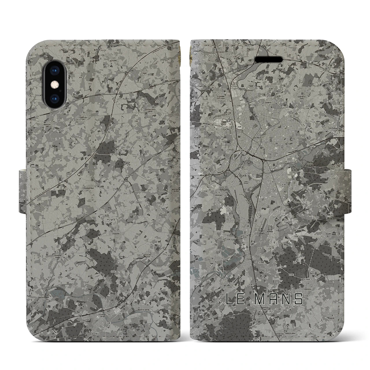 【ル・マン(フランス)】地図柄iPhoneケース(手帳タイプ)モノトーン・iPhone XS / X 用