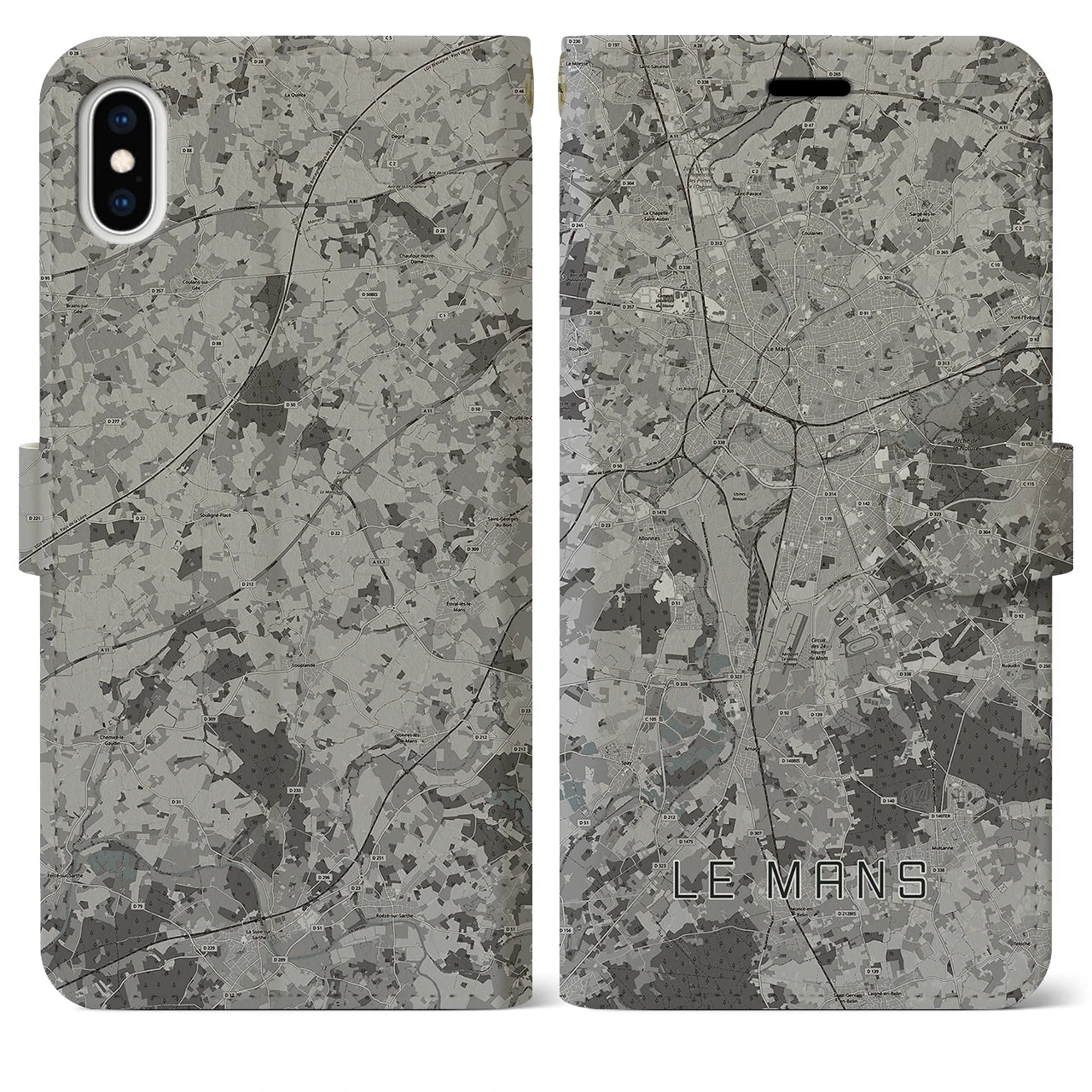 【ル・マン(フランス)】地図柄iPhoneケース(手帳タイプ)モノトーン・iPhone XS Max 用