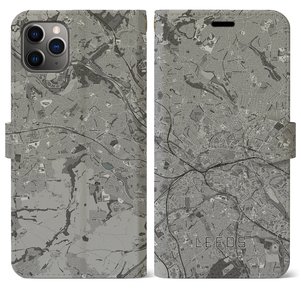 【リーズ(イギリス)】地図柄iPhoneケース(手帳タイプ)モノトーン・iPhone 11 Pro Max 用