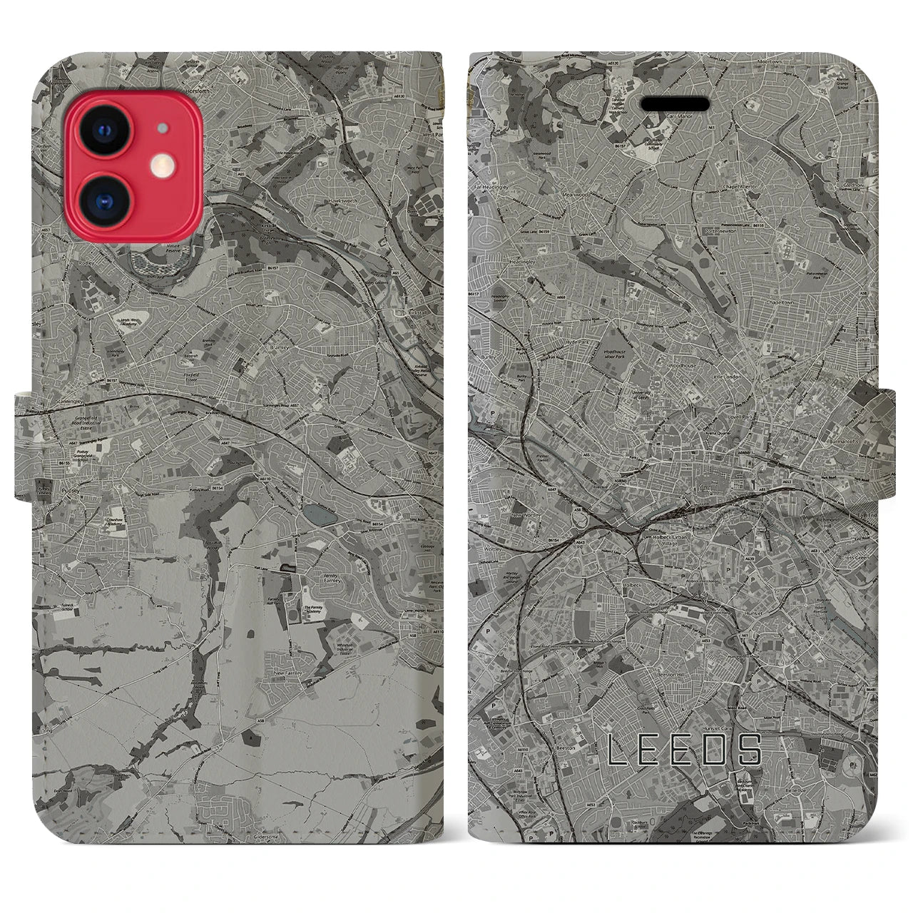 【リーズ(イギリス)】地図柄iPhoneケース(手帳タイプ)モノトーン・iPhone 11 用