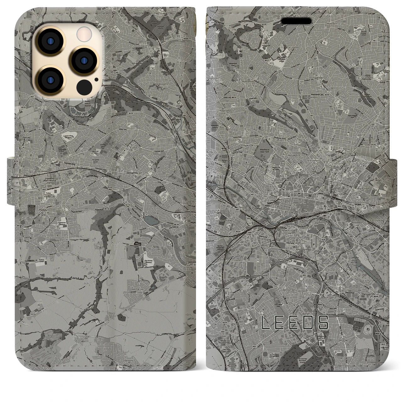 【リーズ(イギリス)】地図柄iPhoneケース(手帳タイプ)モノトーン・iPhone 12 Pro Max 用