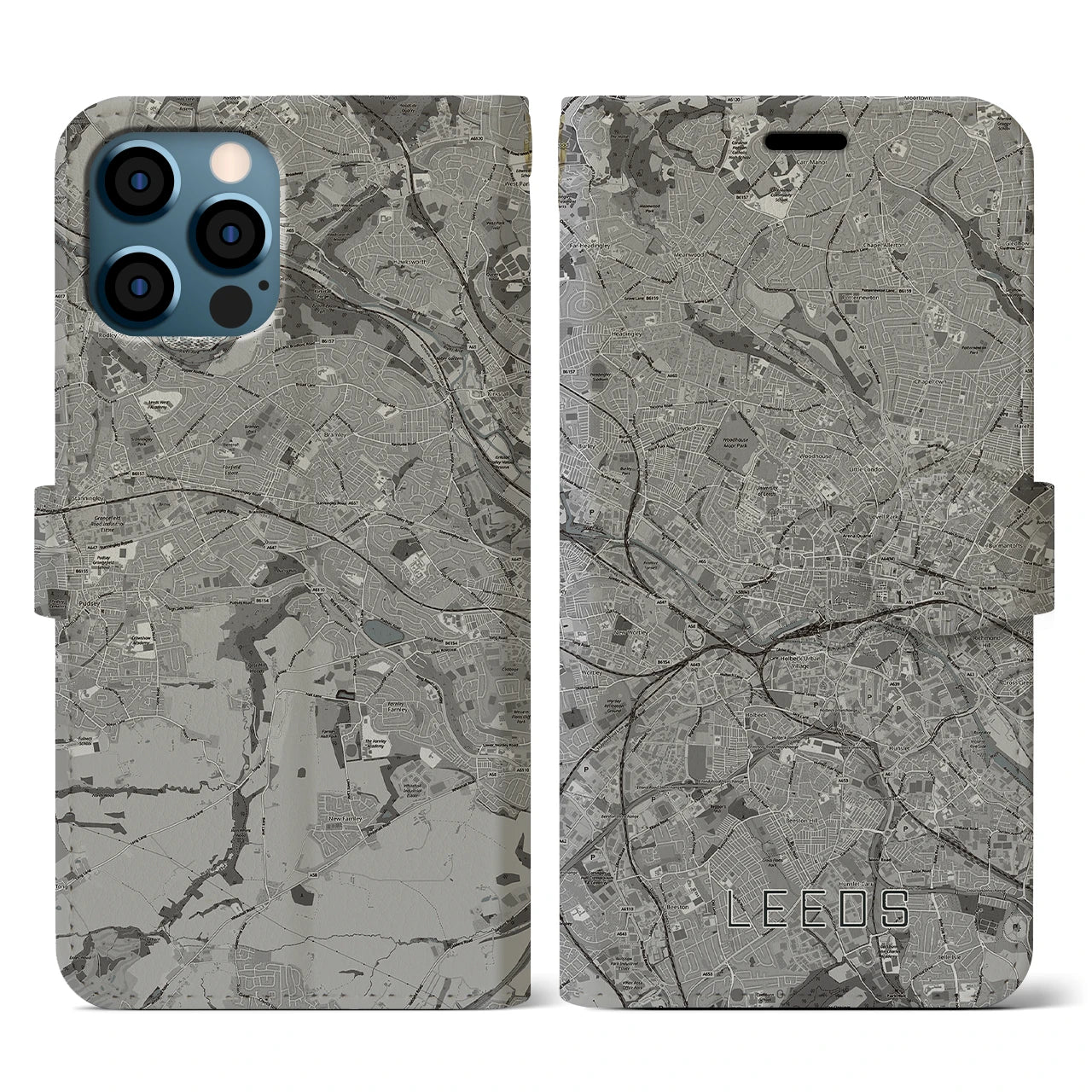 【リーズ(イギリス)】地図柄iPhoneケース(手帳タイプ)モノトーン・iPhone 12 / 12 Pro 用