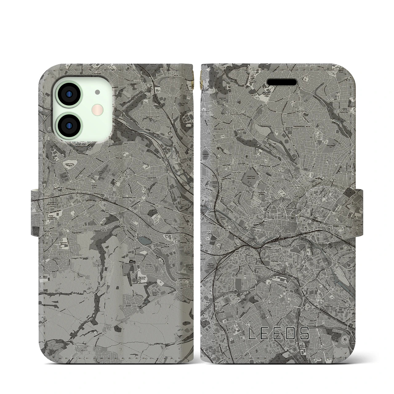 【リーズ(イギリス)】地図柄iPhoneケース(手帳タイプ)モノトーン・iPhone 12 mini 用