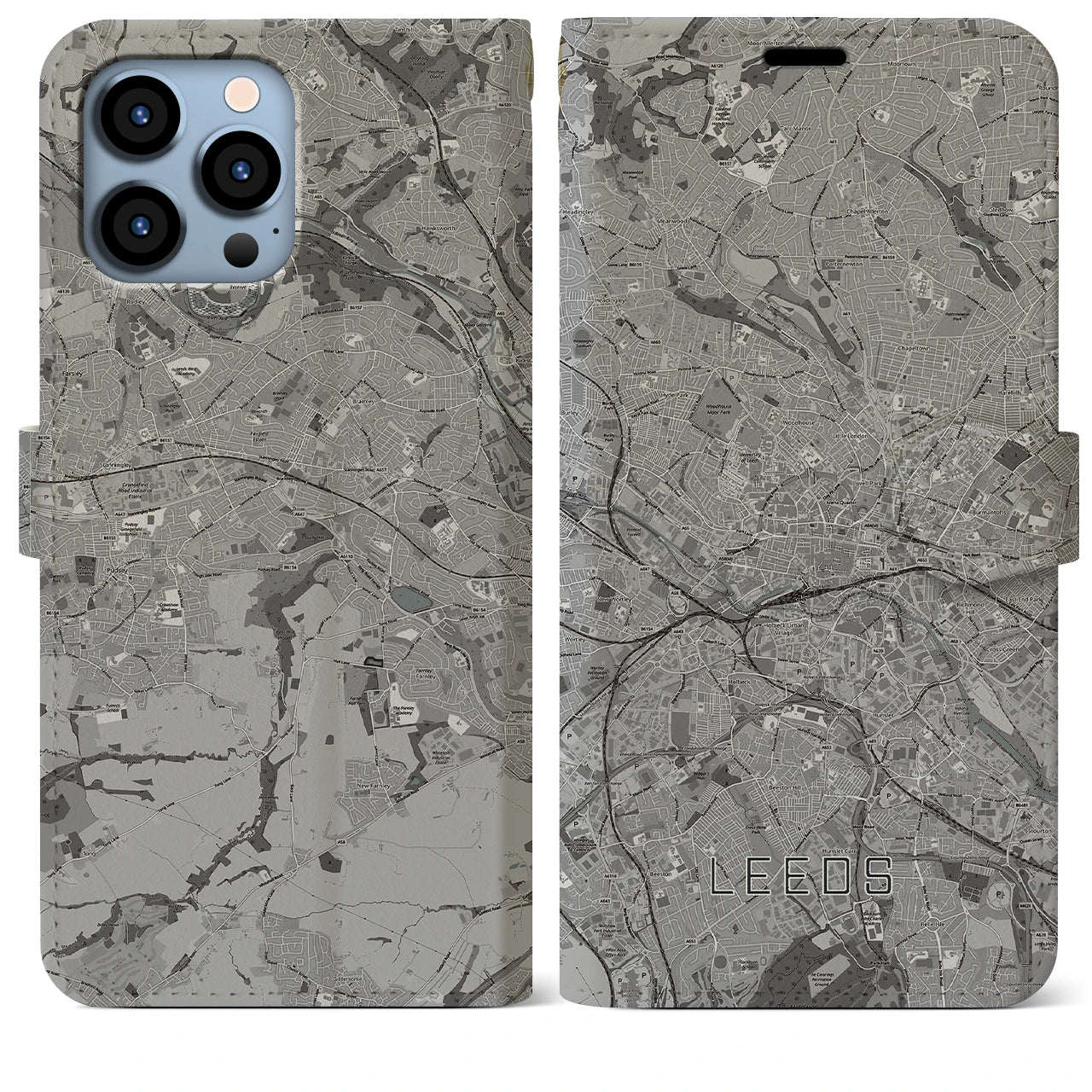 【リーズ(イギリス)】地図柄iPhoneケース(手帳タイプ)モノトーン・iPhone 13 Pro Max 用