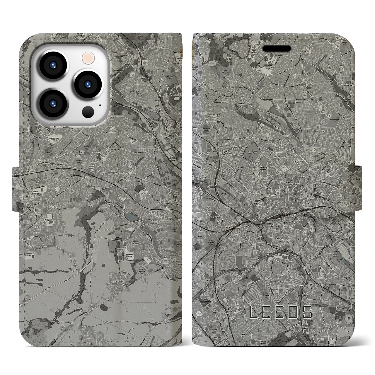 【リーズ(イギリス)】地図柄iPhoneケース(手帳タイプ)モノトーン・iPhone 13 Pro 用