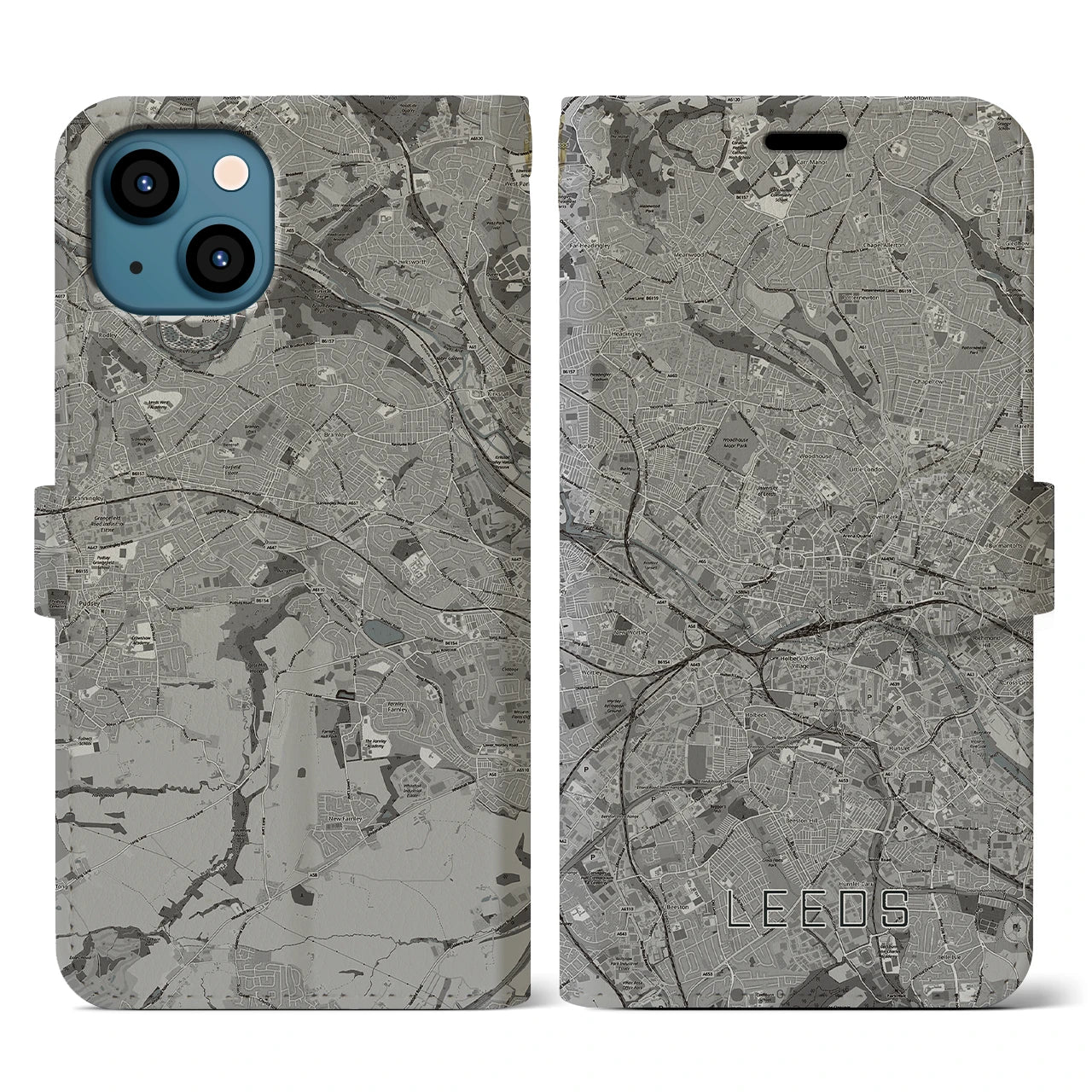 【リーズ(イギリス)】地図柄iPhoneケース(手帳タイプ)モノトーン・iPhone 13 用