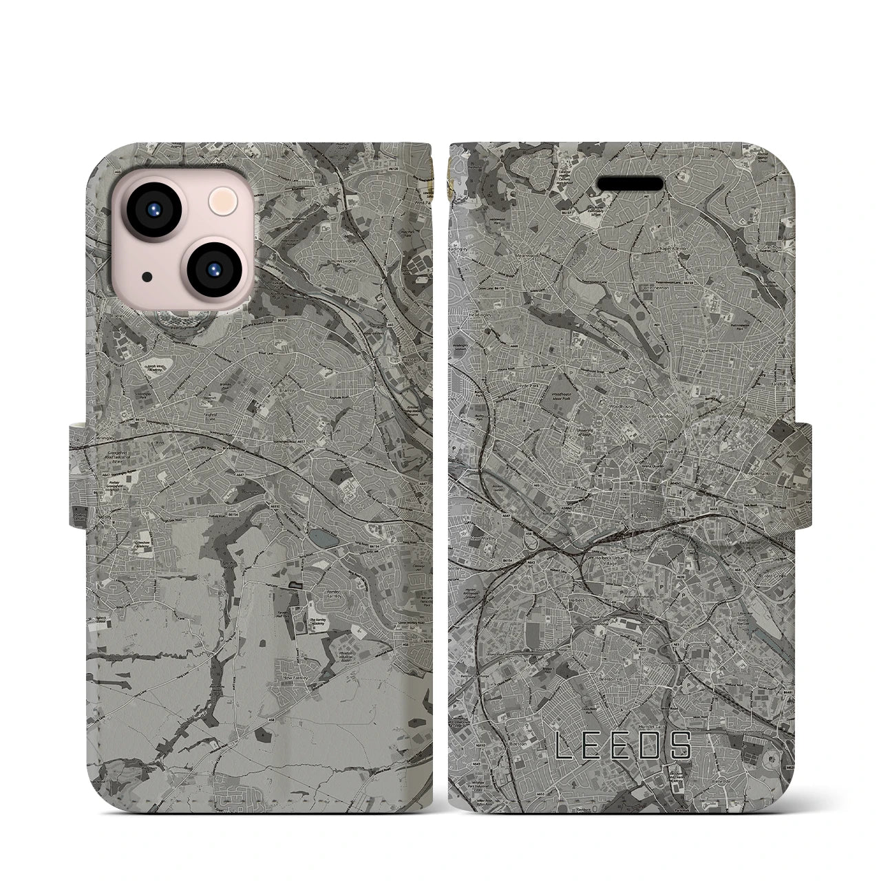 【リーズ(イギリス)】地図柄iPhoneケース(手帳タイプ)モノトーン・iPhone 13 mini 用