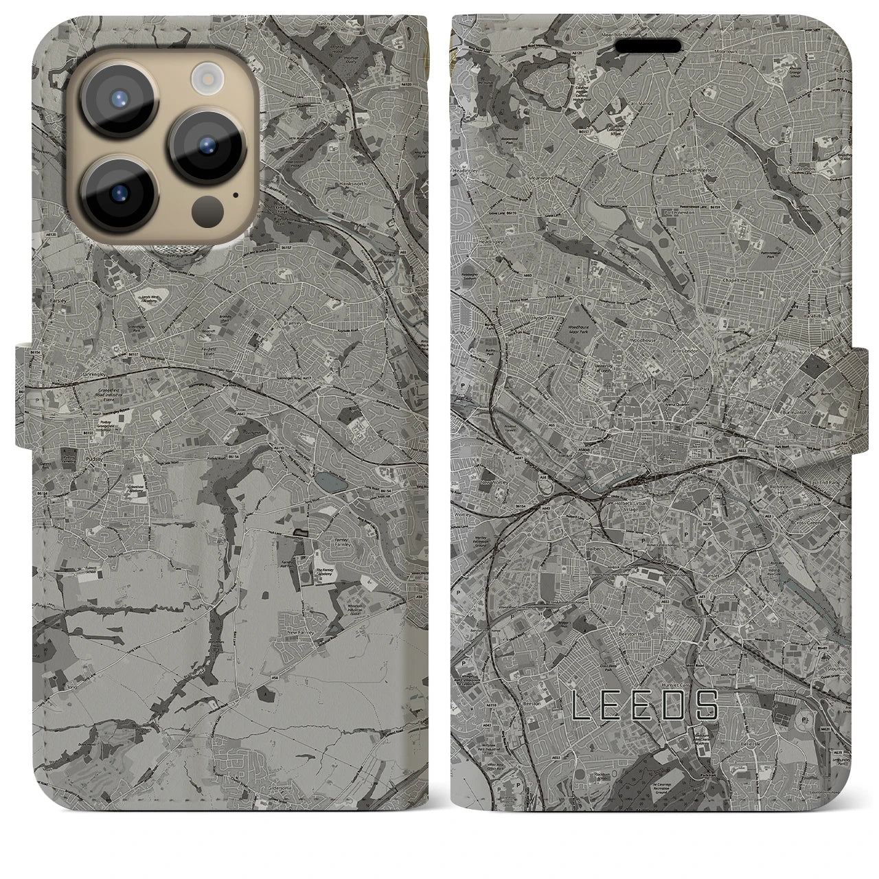 【リーズ(イギリス)】地図柄iPhoneケース(手帳タイプ)モノトーン・iPhone 14 Pro Max 用