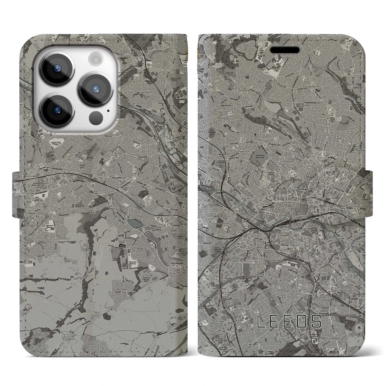 【リーズ(イギリス)】地図柄iPhoneケース(手帳タイプ)モノトーン・iPhone 14 Pro 用