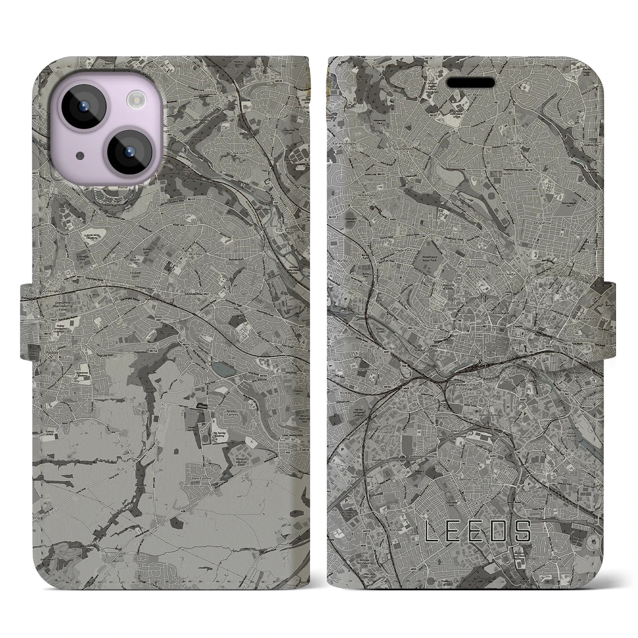 【リーズ(イギリス)】地図柄iPhoneケース(手帳タイプ)モノトーン・iPhone 14 用