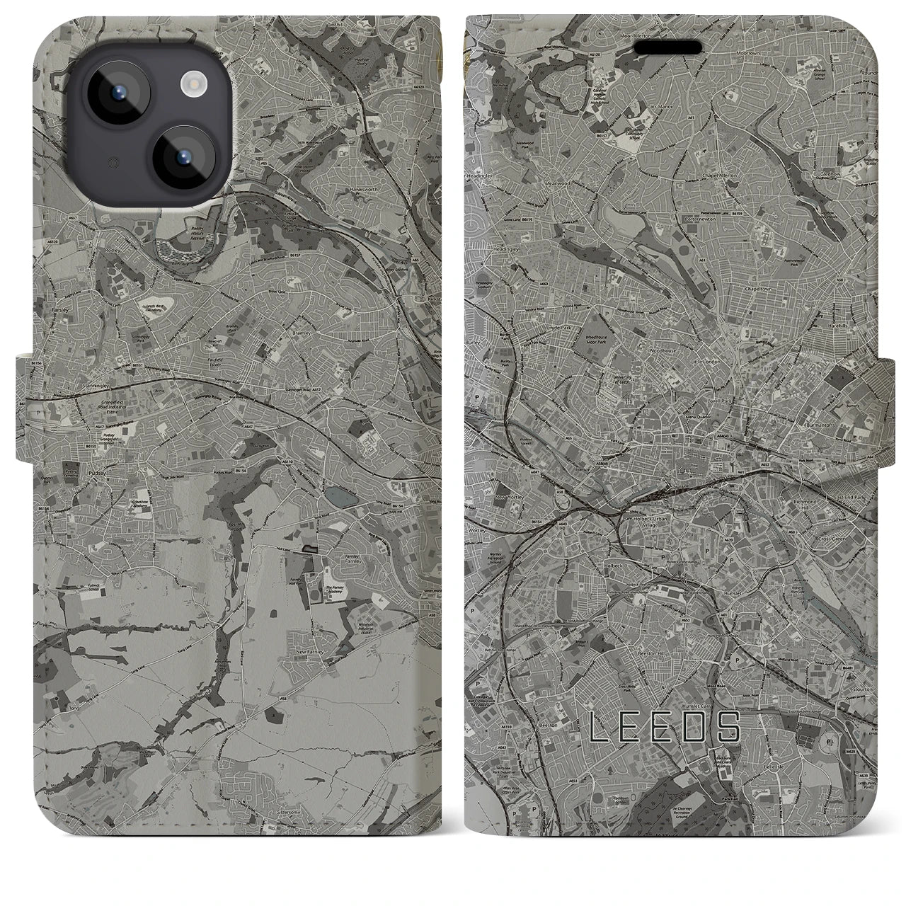 【リーズ(イギリス)】地図柄iPhoneケース(手帳タイプ)モノトーン・iPhone 14 Plus 用