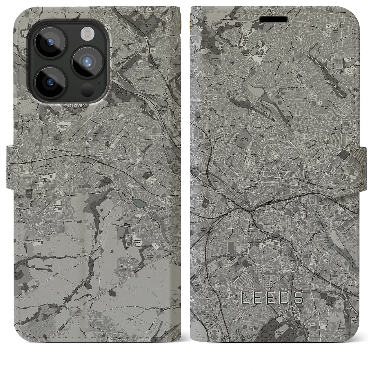 【リーズ(イギリス)】地図柄iPhoneケース(手帳タイプ)モノトーン・iPhone 15 Pro Max 用