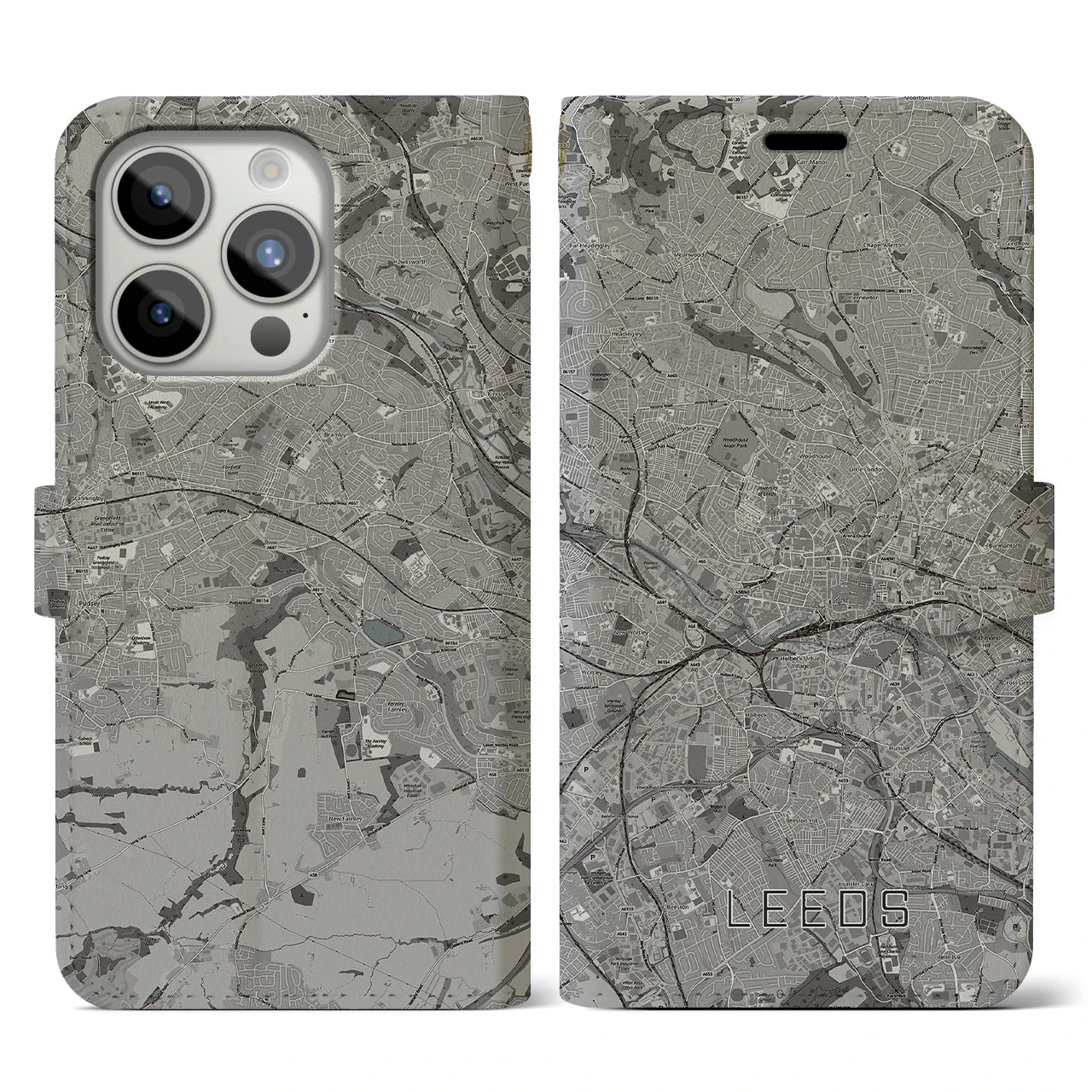 【リーズ(イギリス)】地図柄iPhoneケース(手帳タイプ)モノトーン・iPhone 15 Pro 用