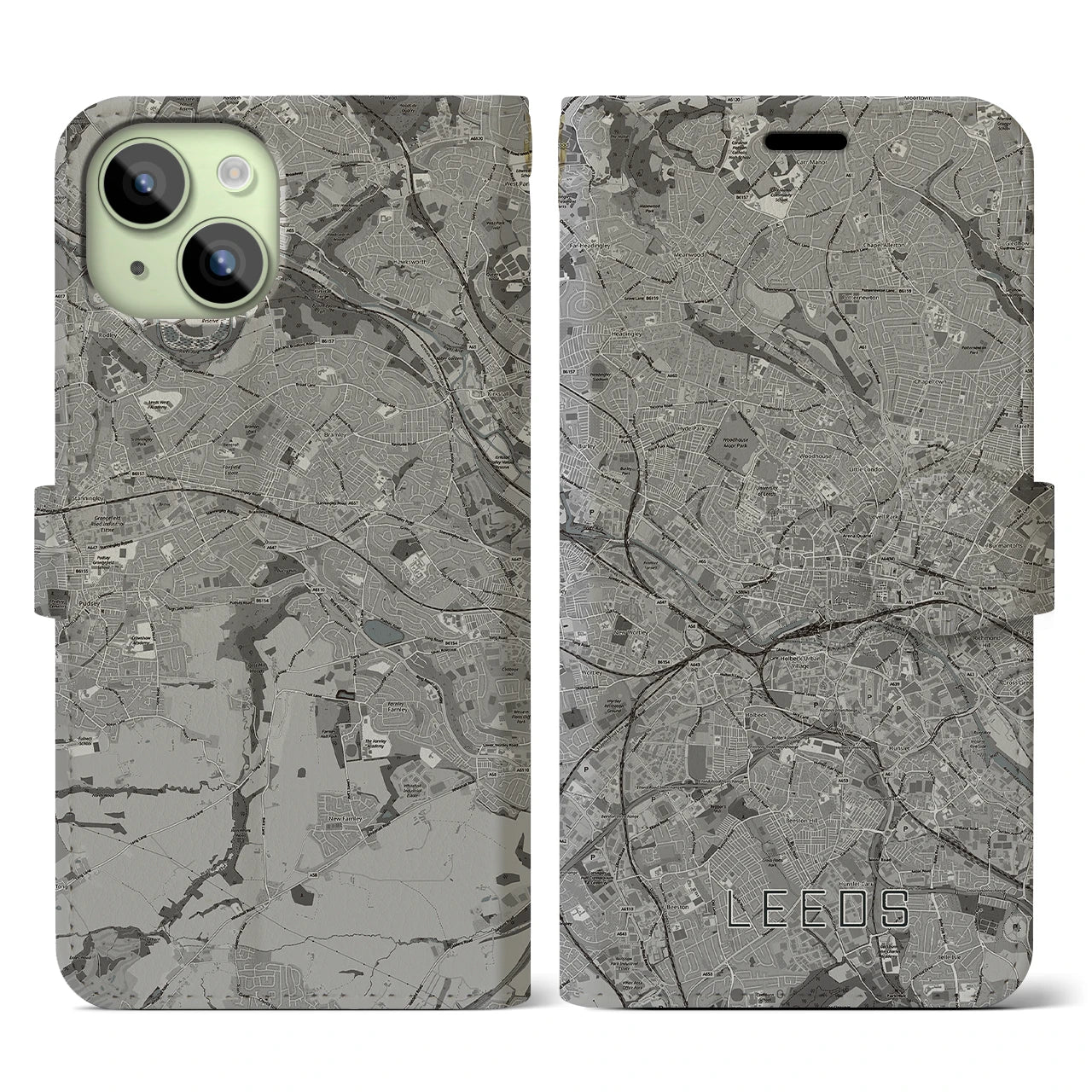 【リーズ(イギリス)】地図柄iPhoneケース(手帳タイプ)モノトーン・iPhone 15 用