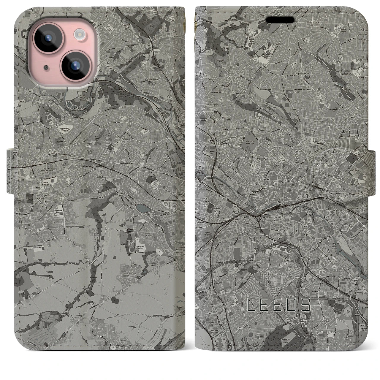 【リーズ(イギリス)】地図柄iPhoneケース(手帳タイプ)モノトーン・iPhone 15 Plus 用